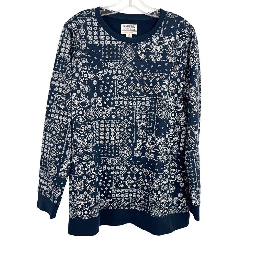 Lands End Serious Sweats Navy Blue & White Bandana Paisley Sweatshirt MEDIUM